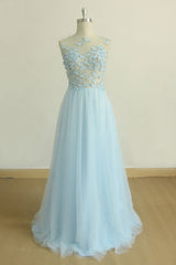 Blue Round Neck Tulle Long Prom Dress Tulle Evening Dress