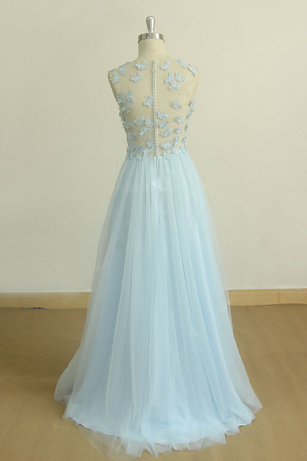 Blue Round Neck Tulle Long Prom Dress Tulle Evening Dress