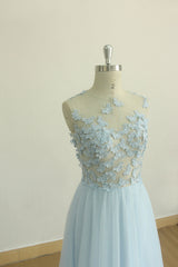 Blue Round Neck Tulle Long Prom Dress Tulle Evening Dress