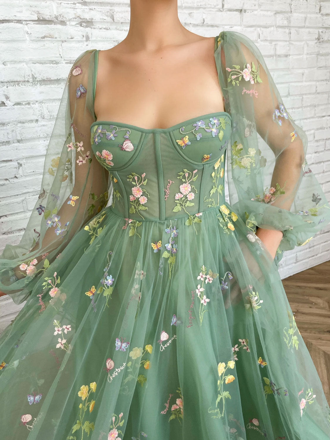 Green Tulle Lace Tea-Length Prom Dress Green Evening Dress