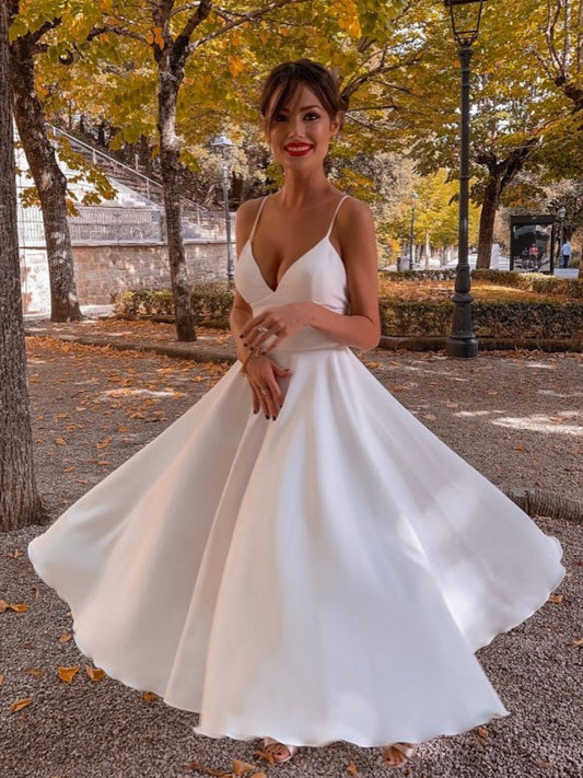 A-Line V-Neck White Prom Dress Satin Tea-Length White Formal Wedding Party Dress