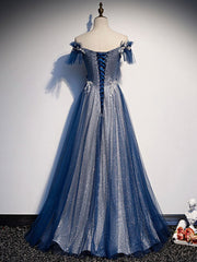 Blue Tulle Lace Sequin Long Prom Dress Blue Tulle Formal Dress