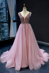 Pink Tulle Sequin V-Neck Long Prom Dress Tulle Sequin Pink Formal Dress