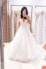 Simple White V-Neck Tulle Long Prom Dress White Tulle Formal Dress