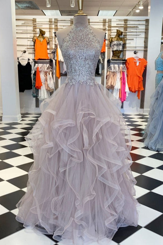 Unique High Neck Tulle Lace Long Prom Dress Lace Evening Gown