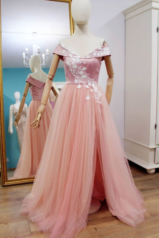 Pink Tulle Off-Shoulder Prom Dress Pink Bridesmaid Dress