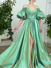 Simple Green Satin Long Prom Dress Green Evening Dress