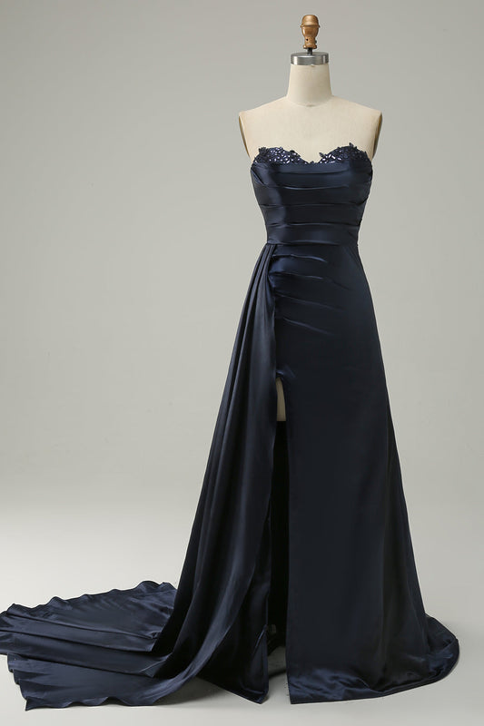 A Line Sweetheart Black Long Prom Dress with Split Front