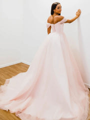 Pink Off-Shoulder Tulle Long Prom Dress Pink A-Line Evening Dress