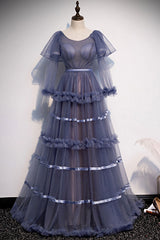 Unique Round Neck Tulle Long Prom Dress Tulle Evening Dress