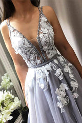 Gray V-Neck Lace Tulle Prom Dress Gray Tulle Evening Gown