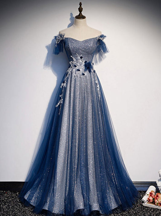 Blue Tulle Lace Sequin Long Prom Dress Blue Tulle Formal Dress