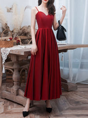 A-Line Satin Burgundy Prom Dress Burgundy Tea-Length Bridesmaid Dress