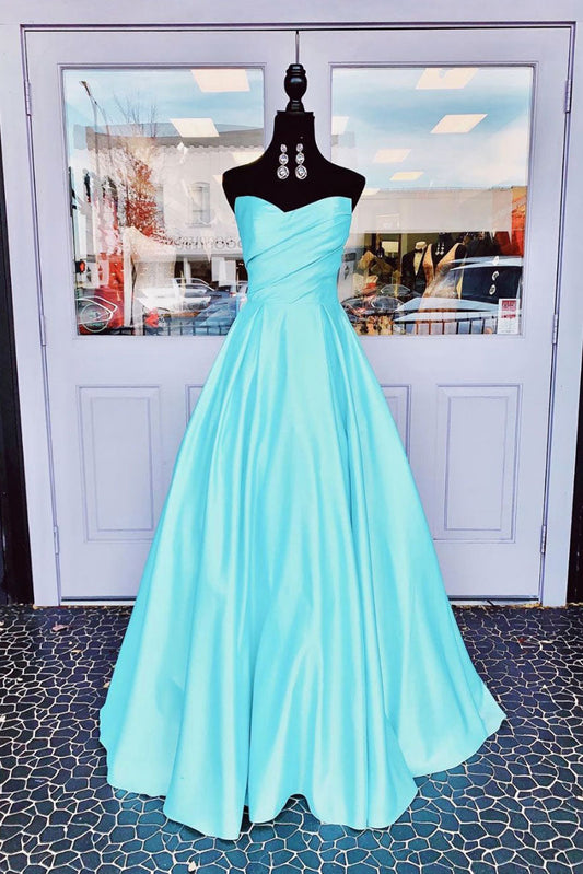 Simple Blue Satin Long Prom Dress Blue Evening Gown