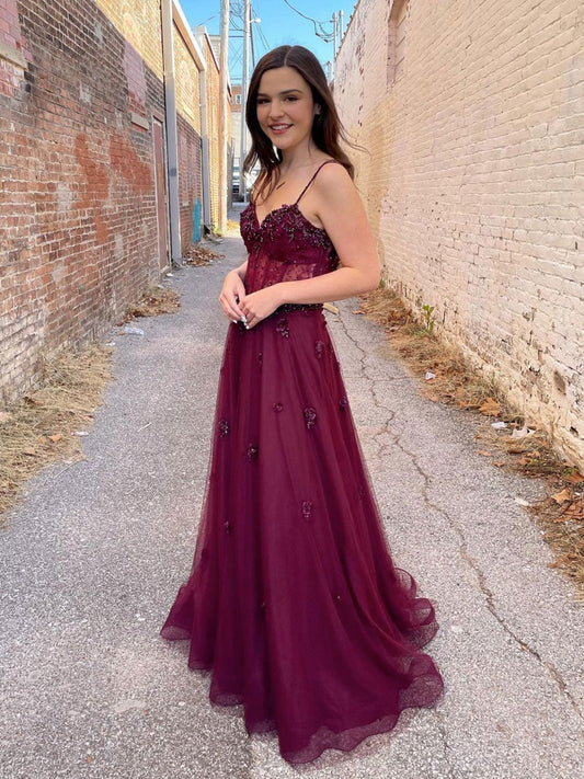 Burgundy Tulle A-Line Long Prom Dress Burgundy Evening Dress