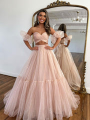 A-Line Two-Piece Tulle Pink Long Prom Dress Pink Formal Evening Dress