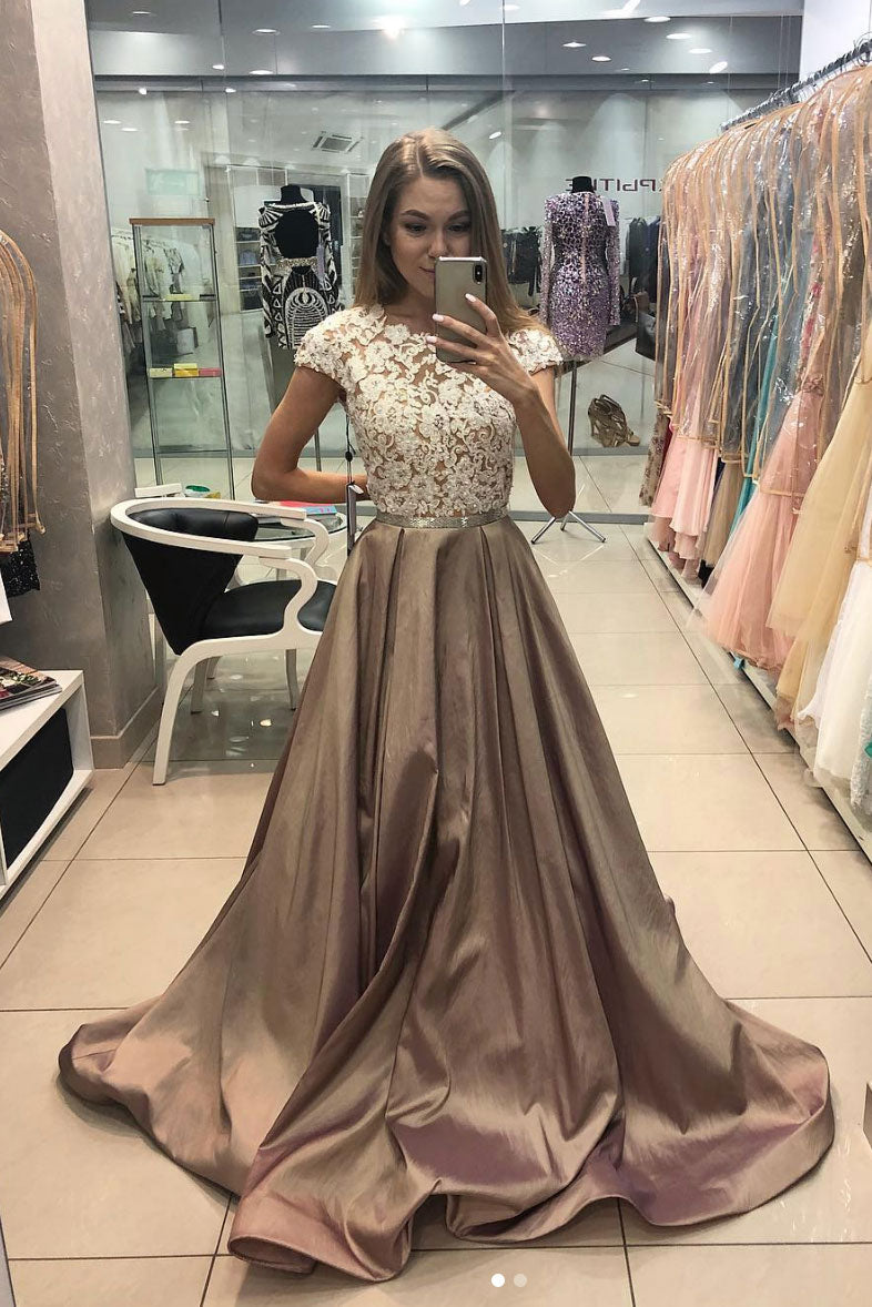 Champagne Satin Lace Long Prom Dress Champagne Evening Gown