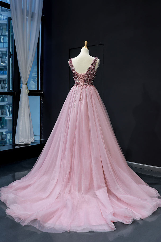 Pink Tulle Sequin V-Neck Long Prom Dress Tulle Sequin Pink Formal Dress