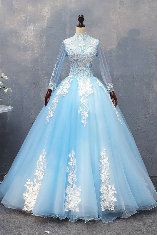 Blue Tulle Lace Long Prom Dress Blue Tulle Lace Evening Dress