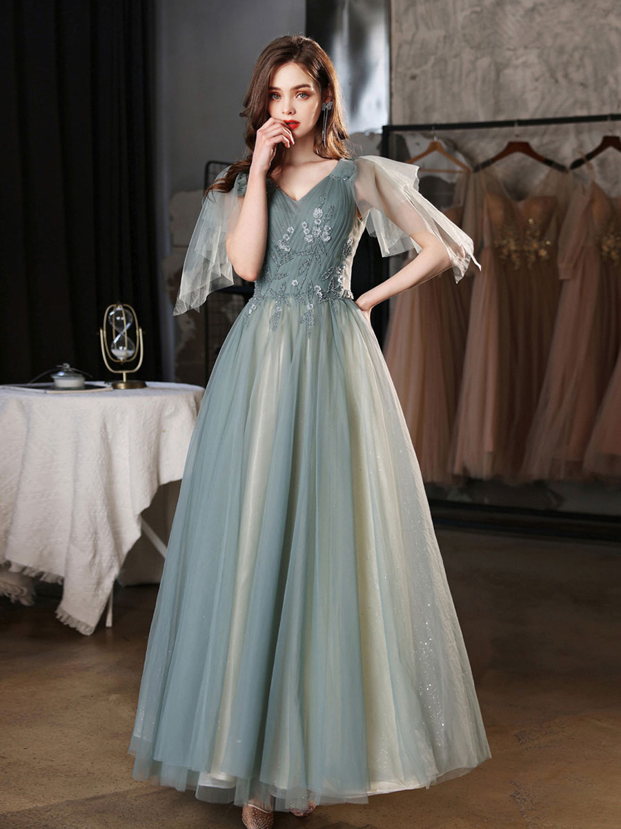 Green V-Neck Tulle Lace Long Prom Dress Green Tulle Formal Dress