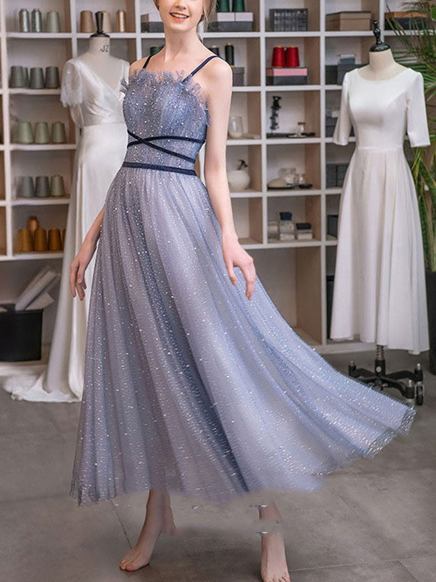 Unique Tulle Beaded Tea-Length Prom Dress Tulle Evening Dress