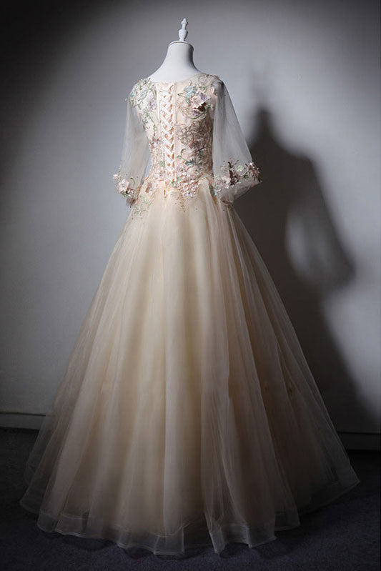 Champagne Round Neck Tulle Long Prom Dress Tulle Evening Dress