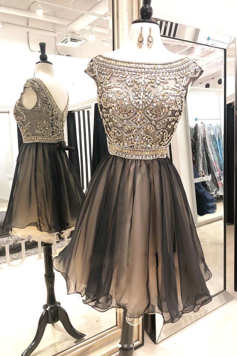 Unique Round Neck Beaded Tulle Short Prom Dress Tulle Homecoming Dress