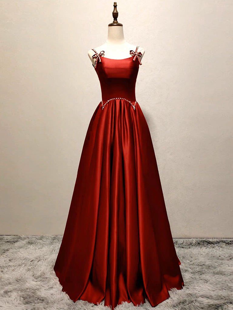 A-Line Satin Burgundy Long Prom Dress Burgundy Long Formal Dress