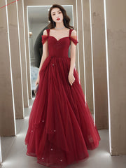 A-Line Sweetheart Neck Burgundy Long Prom Dress Burgundy Evening Dress