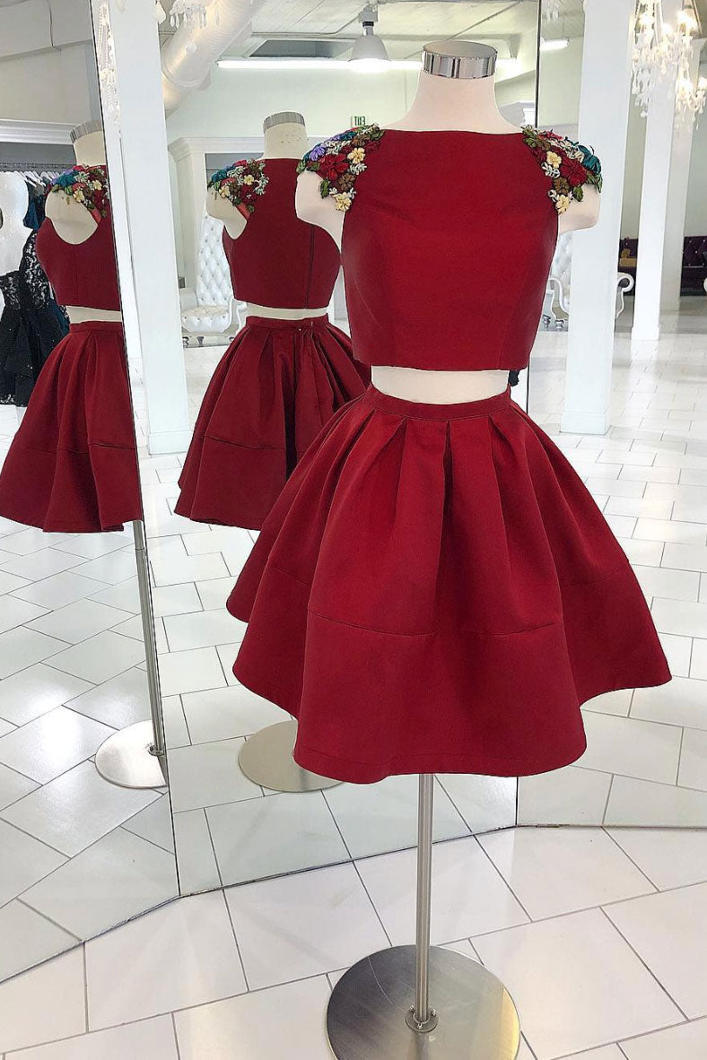 Burgundy Two-Piece Satin Short Prom Dress Burgundy Homecoming Dress