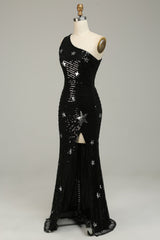 Sparkly Sequins Black One Shoulder Long Prom Dress with Stars