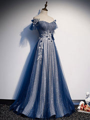 Blue Tulle Lace Sequin Long Prom Dress Blue Tulle Formal Dress