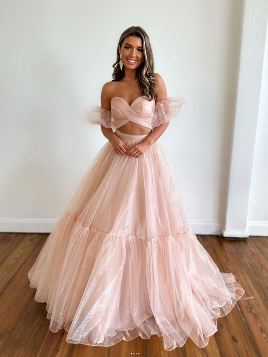 A-Line Two-Piece Tulle Pink Long Prom Dress Pink Formal Evening Dress