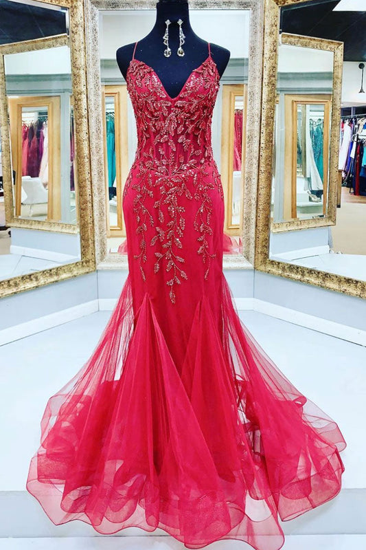 Red V-Neck Tulle Sequin Beaded Mermaid Long Prom Dress