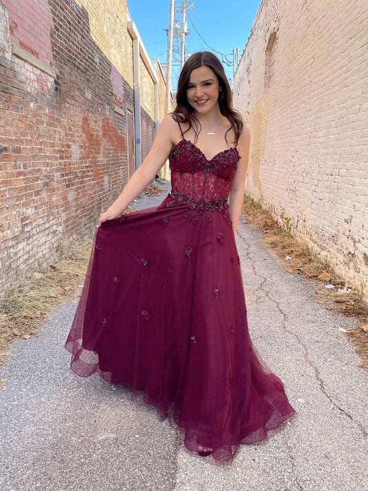 Burgundy Tulle A-Line Long Prom Dress Burgundy Evening Dress