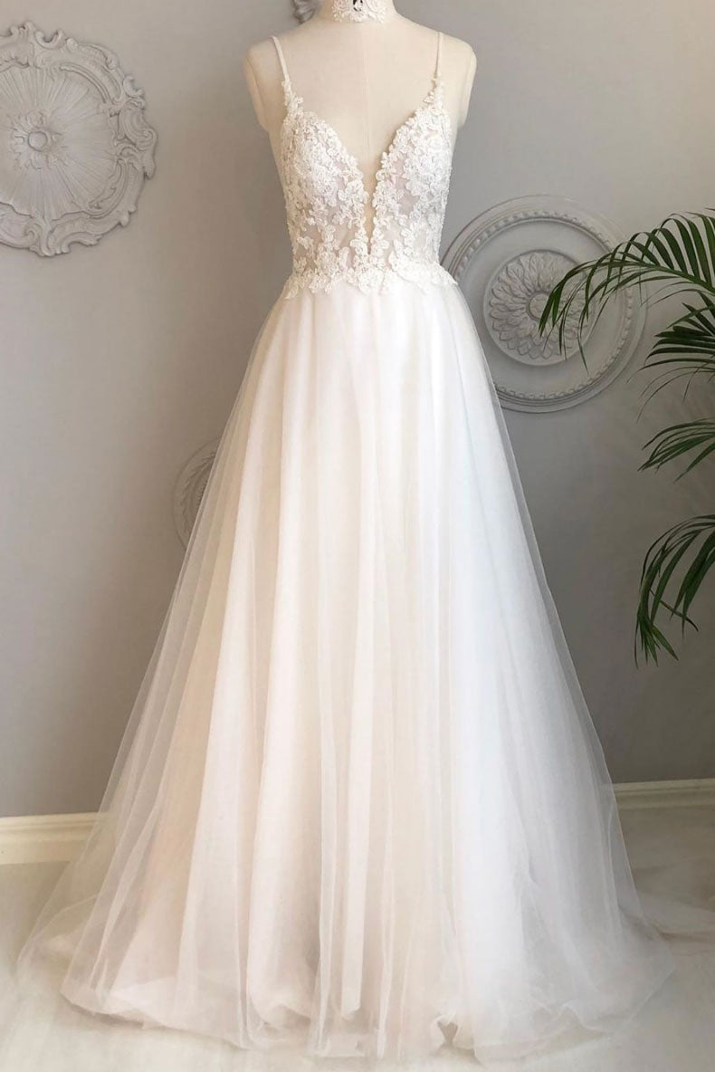 White V-Neck Tulle Lace Long Prom Dress White Tulle Evening Dress