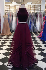 Simple Burgundy Two-Pieces Long Prom Dress Burgundy Evening Gown