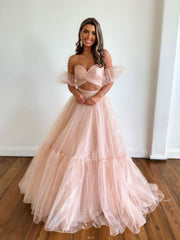 A-Line Two-Piece Tulle Pink Long Prom Dress Pink Formal Evening Dress