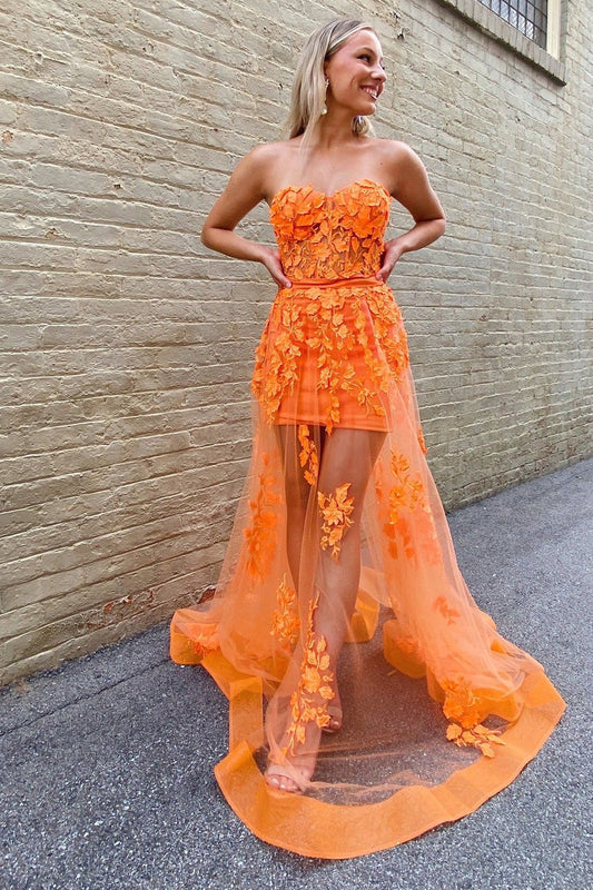 Orange Sheath Corset Long Prom Dress with Appliques