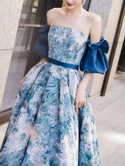 Unique A-Line Satin Long Prom Dress Blue Evening Dress