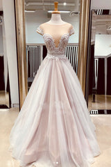 Light Champagne Tulle Lace Long Prom Dress Champagne Tulle Evening Dress