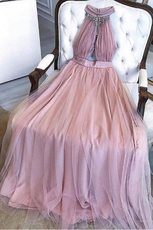 Pink Tulle Long Prom Dress Pink Tulle Evening Dress