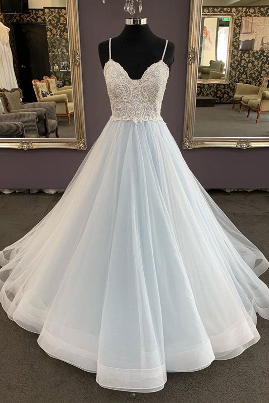 Light Blue Tulle Lace Long Prom Dress Blue Evening Gown