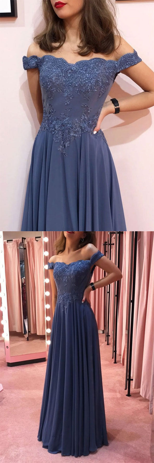 Blue Off-Shoulder Chiffon Lace Long Prom Dress Blue Formal Dress