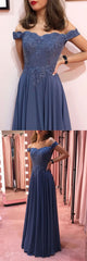 Blue Off-Shoulder Chiffon Lace Long Prom Dress Blue Formal Dress