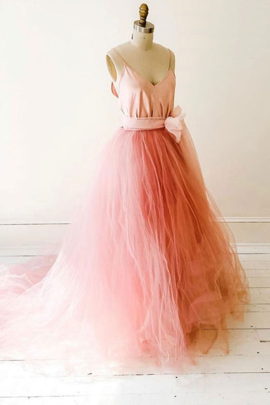 Pink V-Neck Tulle Long Prom Dress Pink Tulle Formal Gown