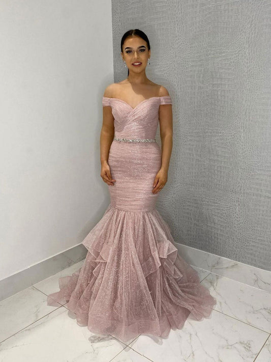 Pink Off-Shoulder Tulle Sequin Long Prom Dress Pink Tulle Formal Gown