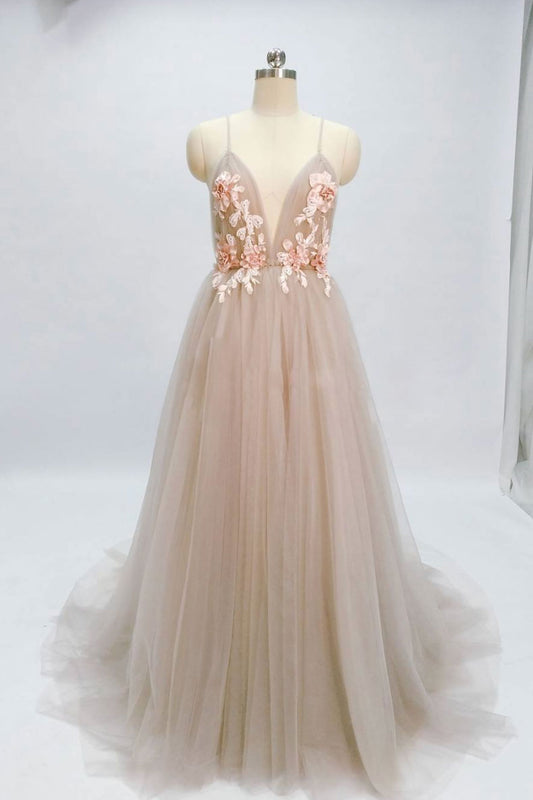 Champagne V-Neck Tulle Long Prom Dress Tulle Evening Dress