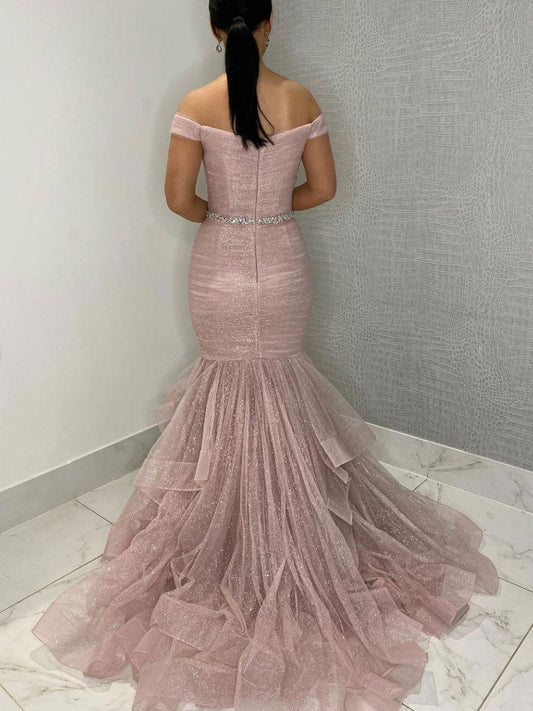 Pink Off-Shoulder Tulle Sequin Long Prom Dress Pink Tulle Formal Gown