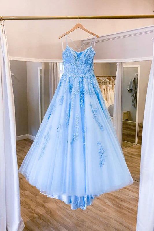 Blue Round Neck Tulle Lace Long Prom Dress Tulle Lace Formal Dress